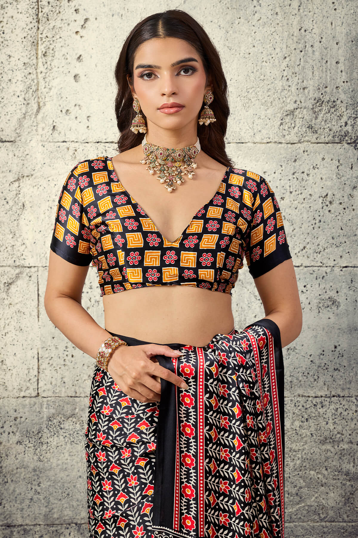 Angelic Black Ajrakh Printed Satin Silk Saree With Lovely Blouse Piece