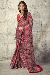 Vivacious Maroon Ajrakh Printed Satin Silk Saree With Splendorous Blouse Piece