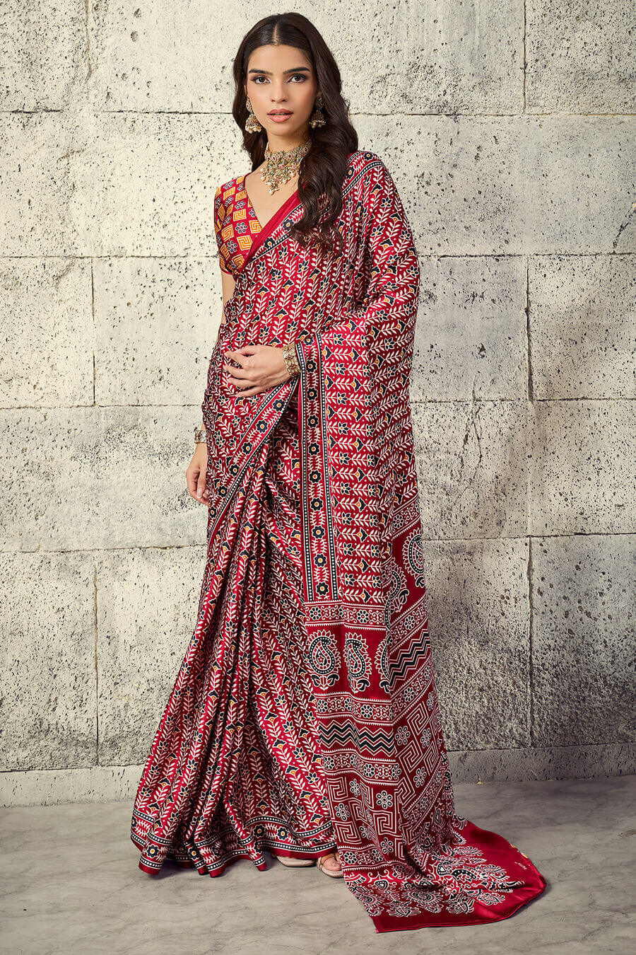 Vivacious Maroon Ajrakh Printed Satin Silk Saree With Splendorous Blouse Piece