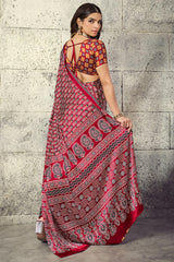 Vivacious Maroon Ajrakh Printed Satin Silk Saree With Splendorous Blouse Piece