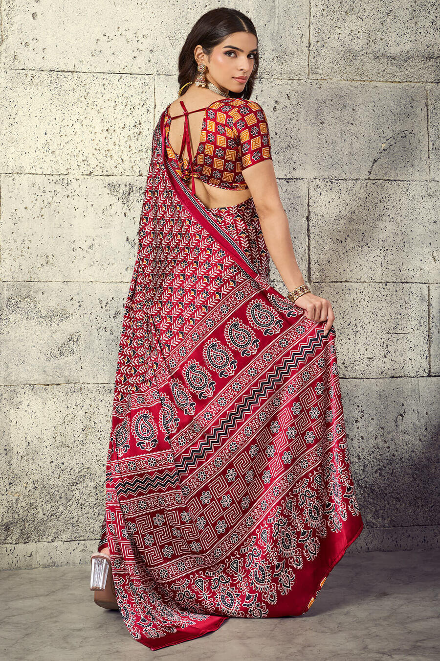 Vivacious Maroon Ajrakh Printed Satin Silk Saree With Splendorous Blouse Piece