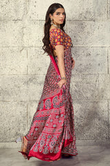 Vivacious Maroon Ajrakh Printed Satin Silk Saree With Splendorous Blouse Piece