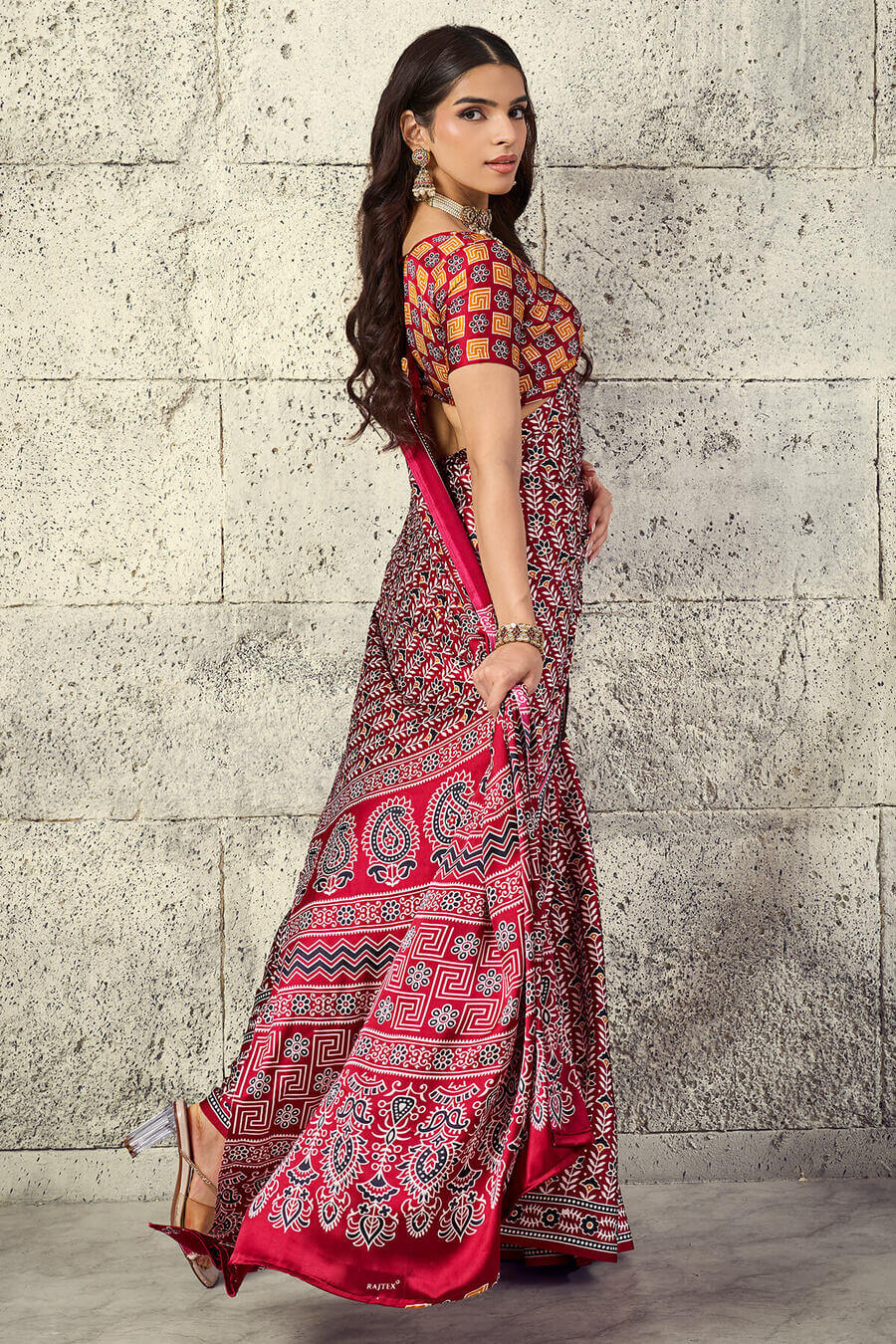Vivacious Maroon Ajrakh Printed Satin Silk Saree With Splendorous Blouse Piece