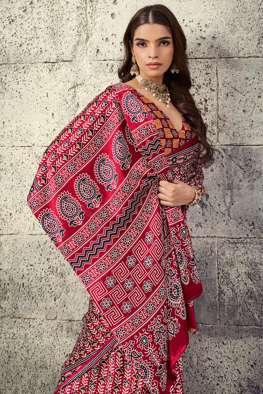 Vivacious Maroon Ajrakh Printed Satin Silk Saree With Splendorous Blouse Piece