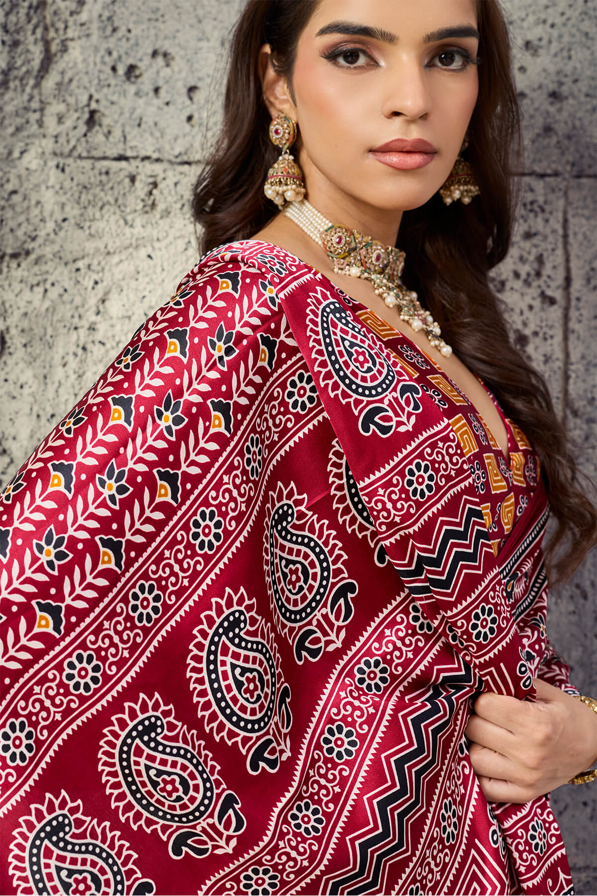 Vivacious Maroon Ajrakh Printed Satin Silk Saree With Splendorous Blouse Piece