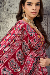 Vivacious Maroon Ajrakh Printed Satin Silk Saree With Splendorous Blouse Piece
