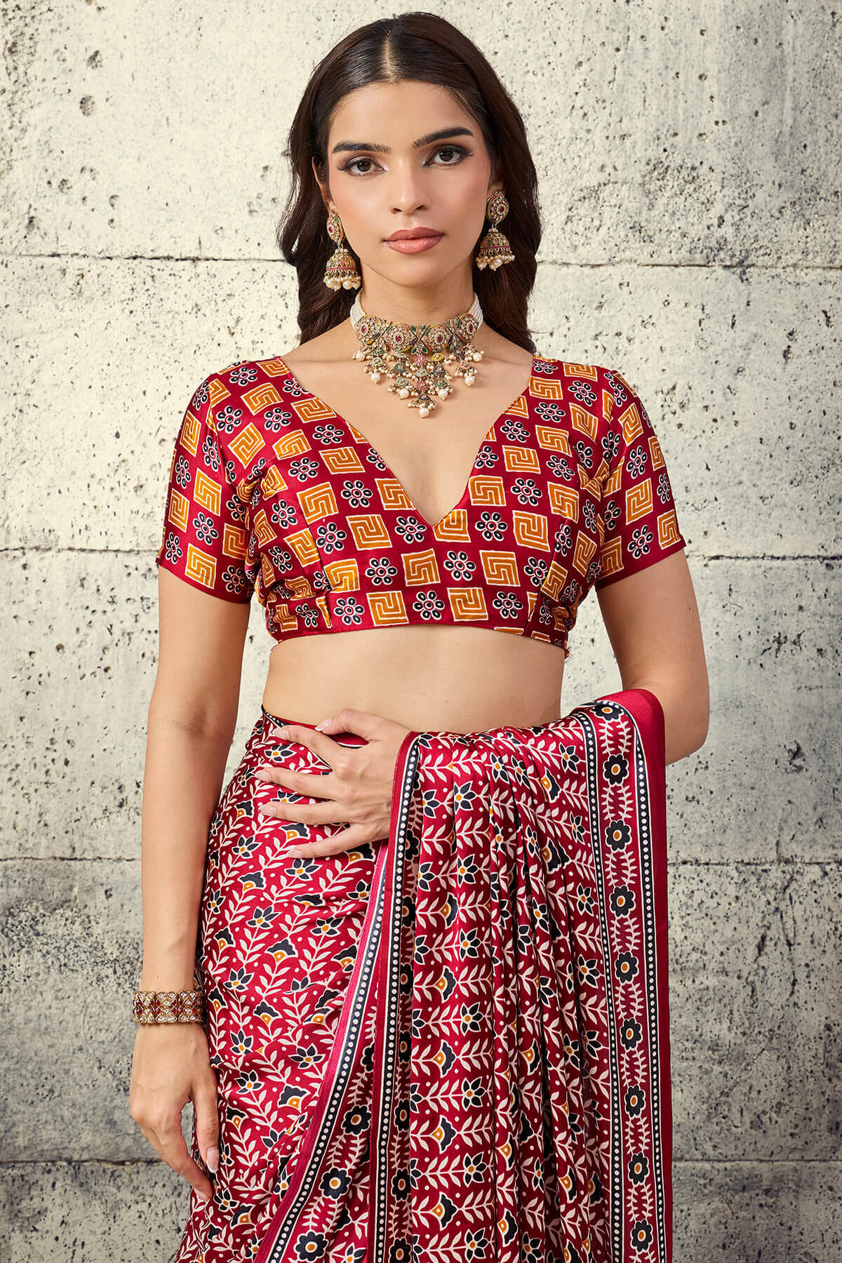 Vivacious Maroon Ajrakh Printed Satin Silk Saree With Splendorous Blouse Piece