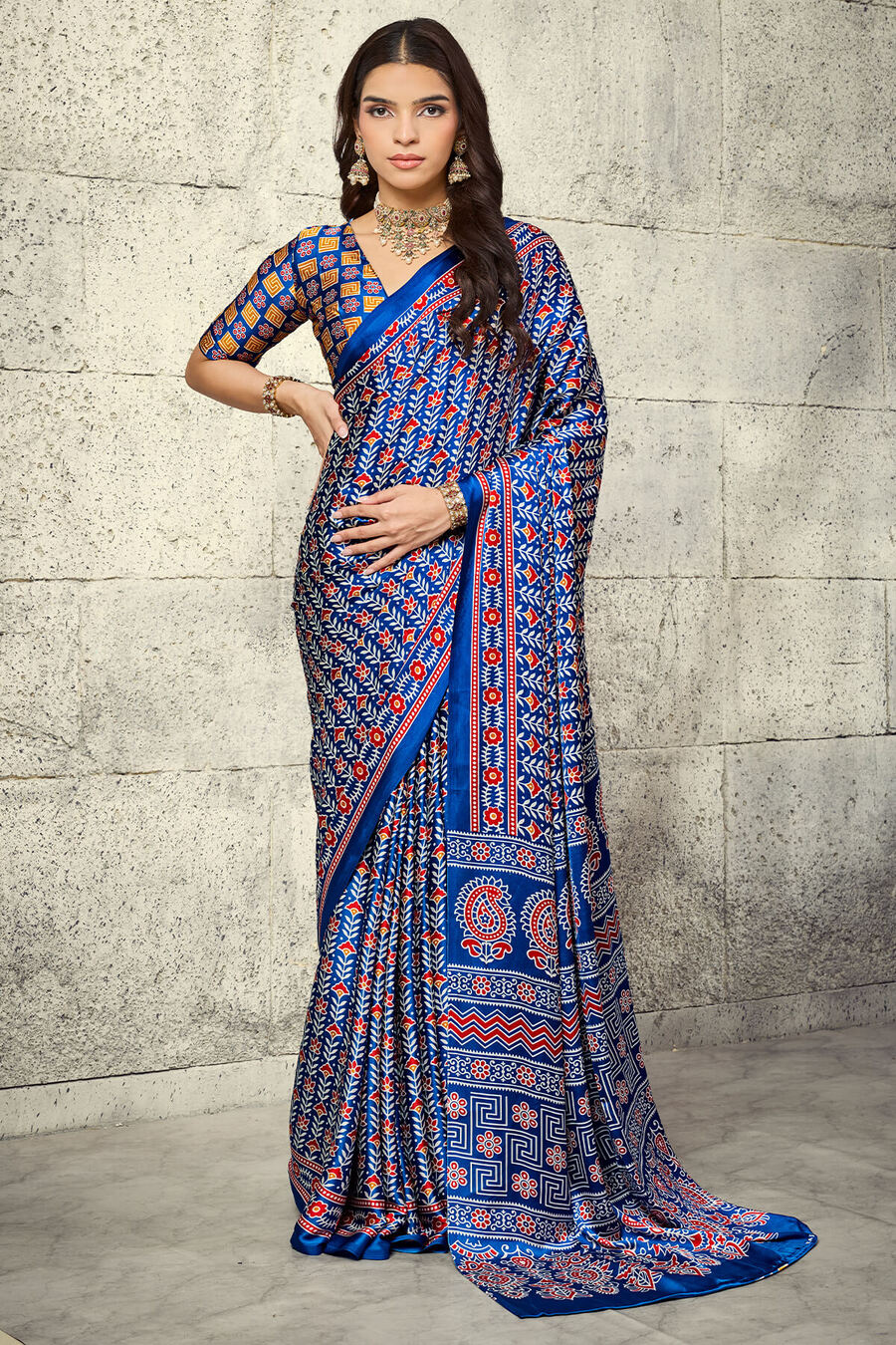 Inimitable Navy Blue Ajrakh Printed Satin Silk Saree With Whimsical Blouse Piece