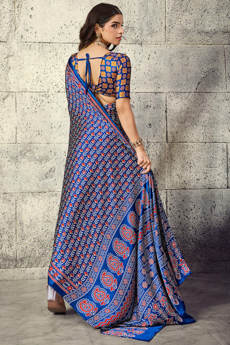 Inimitable Navy Blue Ajrakh Printed Satin Silk Saree With Whimsical Blouse Piece