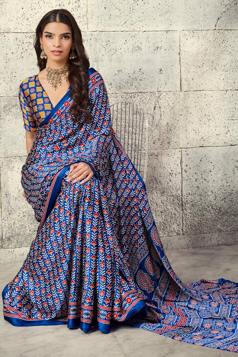 Inimitable Navy Blue Ajrakh Printed Satin Silk Saree With Whimsical Blouse Piece