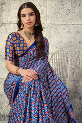 Inimitable Navy Blue Ajrakh Printed Satin Silk Saree With Whimsical Blouse Piece