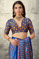 Inimitable Navy Blue Ajrakh Printed Satin Silk Saree With Whimsical Blouse Piece