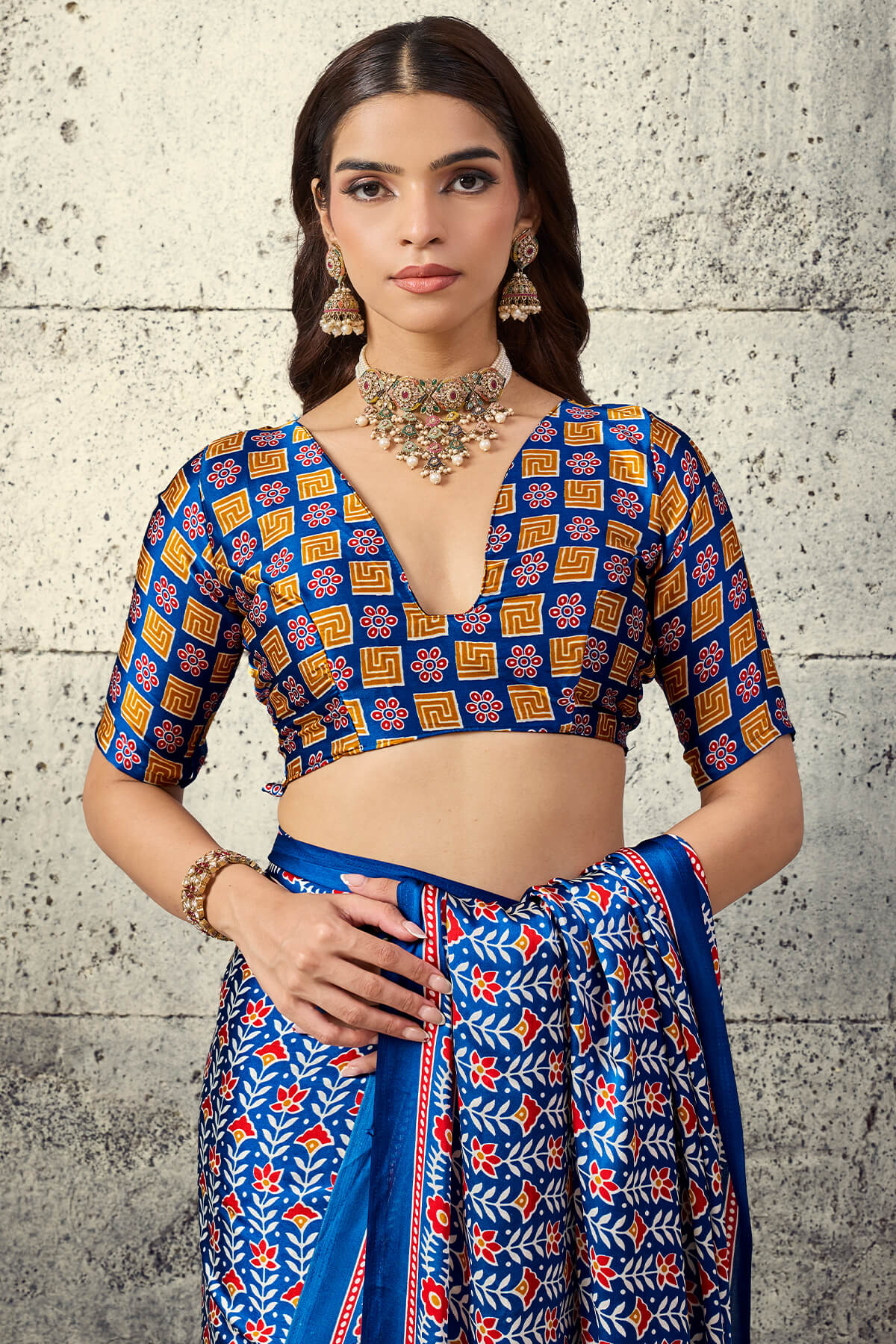Inimitable Navy Blue Ajrakh Printed Satin Silk Saree With Whimsical Blouse Piece