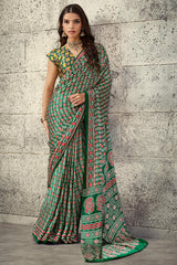 Prominent Green Ajrakh Printed Satin Silk Saree With Prettiest Blouse Piece