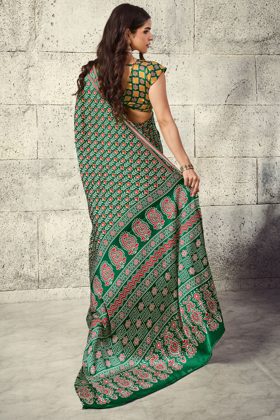 Prominent Green Ajrakh Printed Satin Silk Saree With Prettiest Blouse Piece