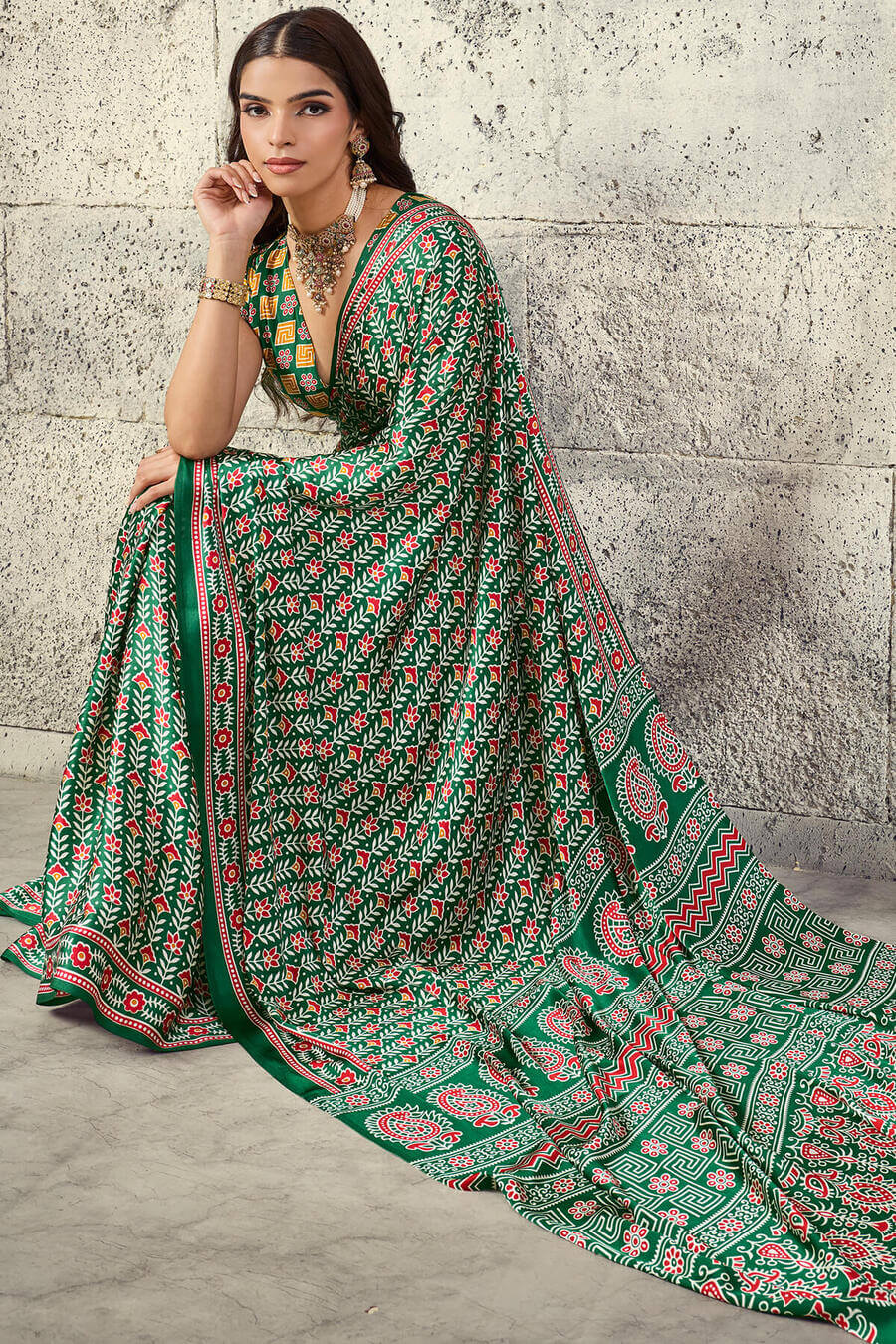 Prominent Green Ajrakh Printed Satin Silk Saree With Prettiest Blouse Piece