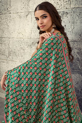 Prominent Green Ajrakh Printed Satin Silk Saree With Prettiest Blouse Piece