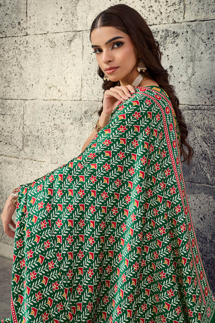 Prominent Green Ajrakh Printed Satin Silk Saree With Prettiest Blouse Piece