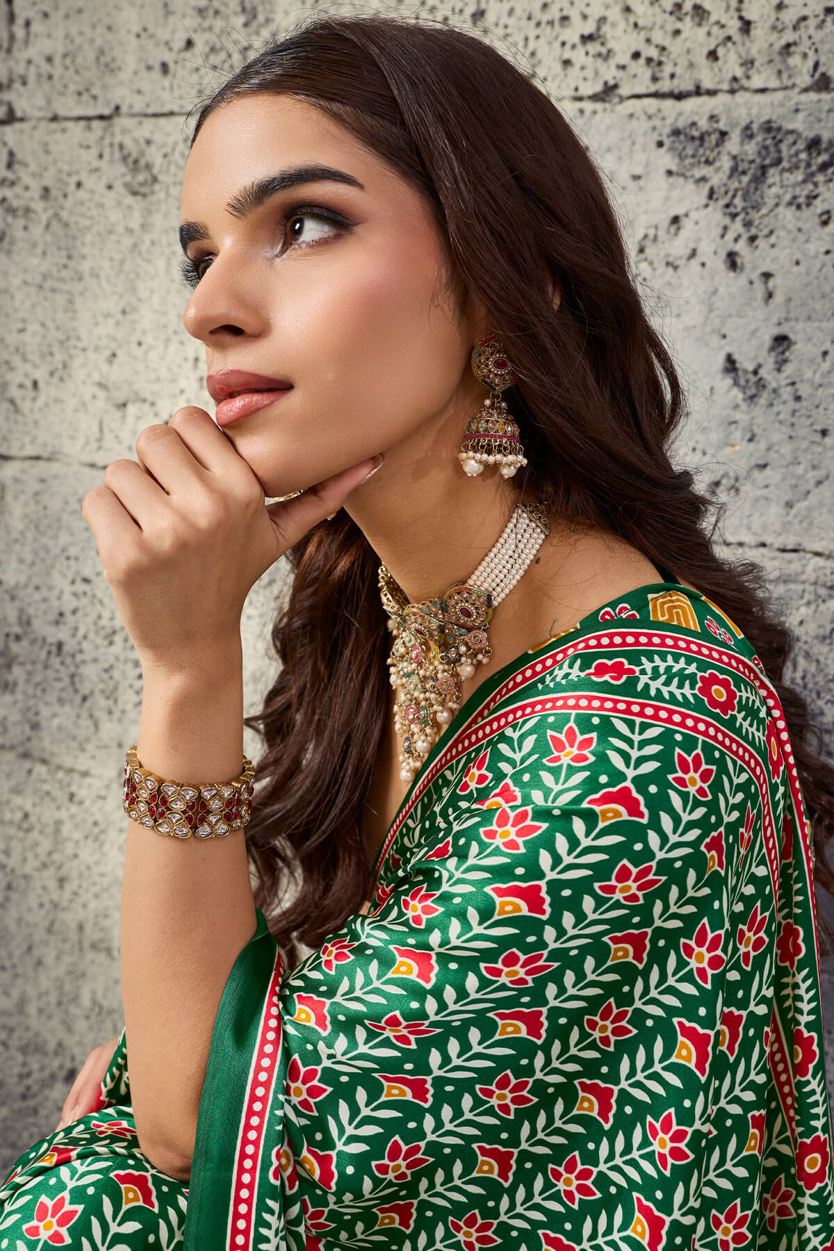 Prominent Green Ajrakh Printed Satin Silk Saree With Prettiest Blouse Piece