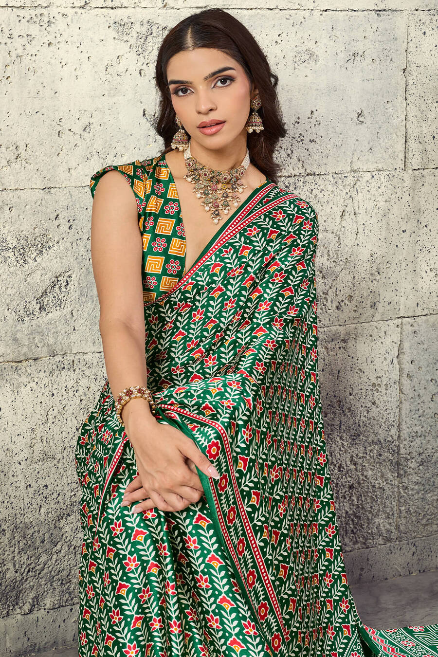 Prominent Green Ajrakh Printed Satin Silk Saree With Prettiest Blouse Piece