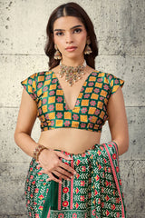 Prominent Green Ajrakh Printed Satin Silk Saree With Prettiest Blouse Piece