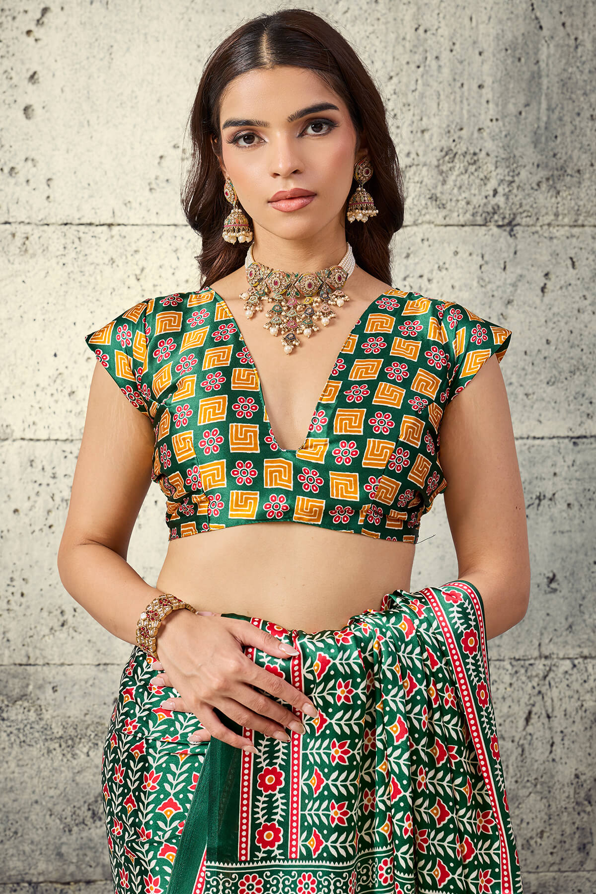 Prominent Green Ajrakh Printed Satin Silk Saree With Prettiest Blouse Piece