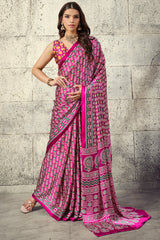 Mesmerising Dark Pink Ajrakh Printed Satin Silk Saree With Magnificat Blouse Piece