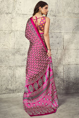 Mesmerising Dark Pink Ajrakh Printed Satin Silk Saree With Magnificat Blouse Piece