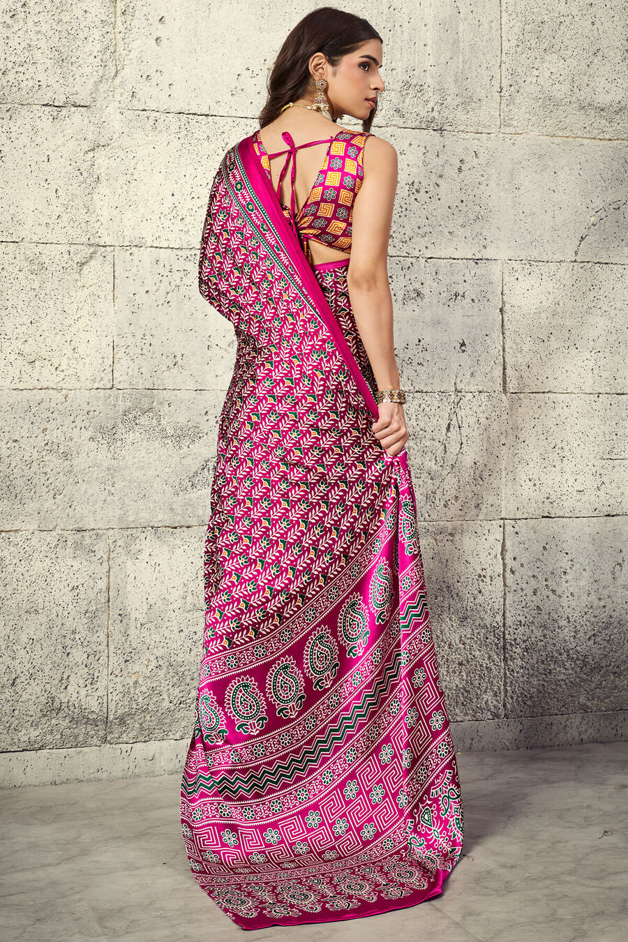 Mesmerising Dark Pink Ajrakh Printed Satin Silk Saree With Magnificat Blouse Piece