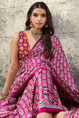 Mesmerising Dark Pink Ajrakh Printed Satin Silk Saree With Magnificat Blouse Piece