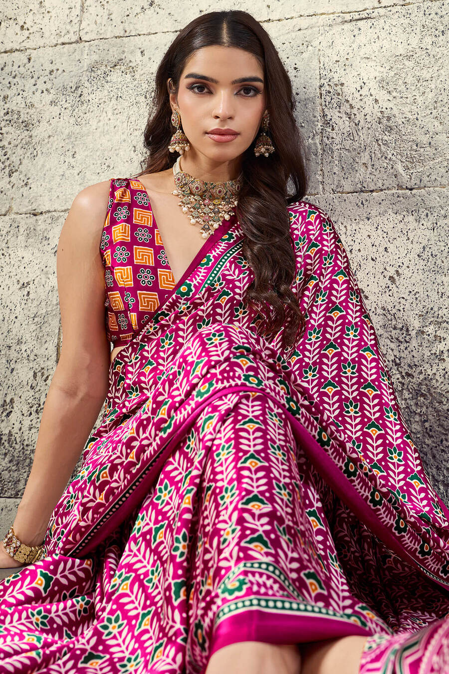Mesmerising Dark Pink Ajrakh Printed Satin Silk Saree With Magnificat Blouse Piece