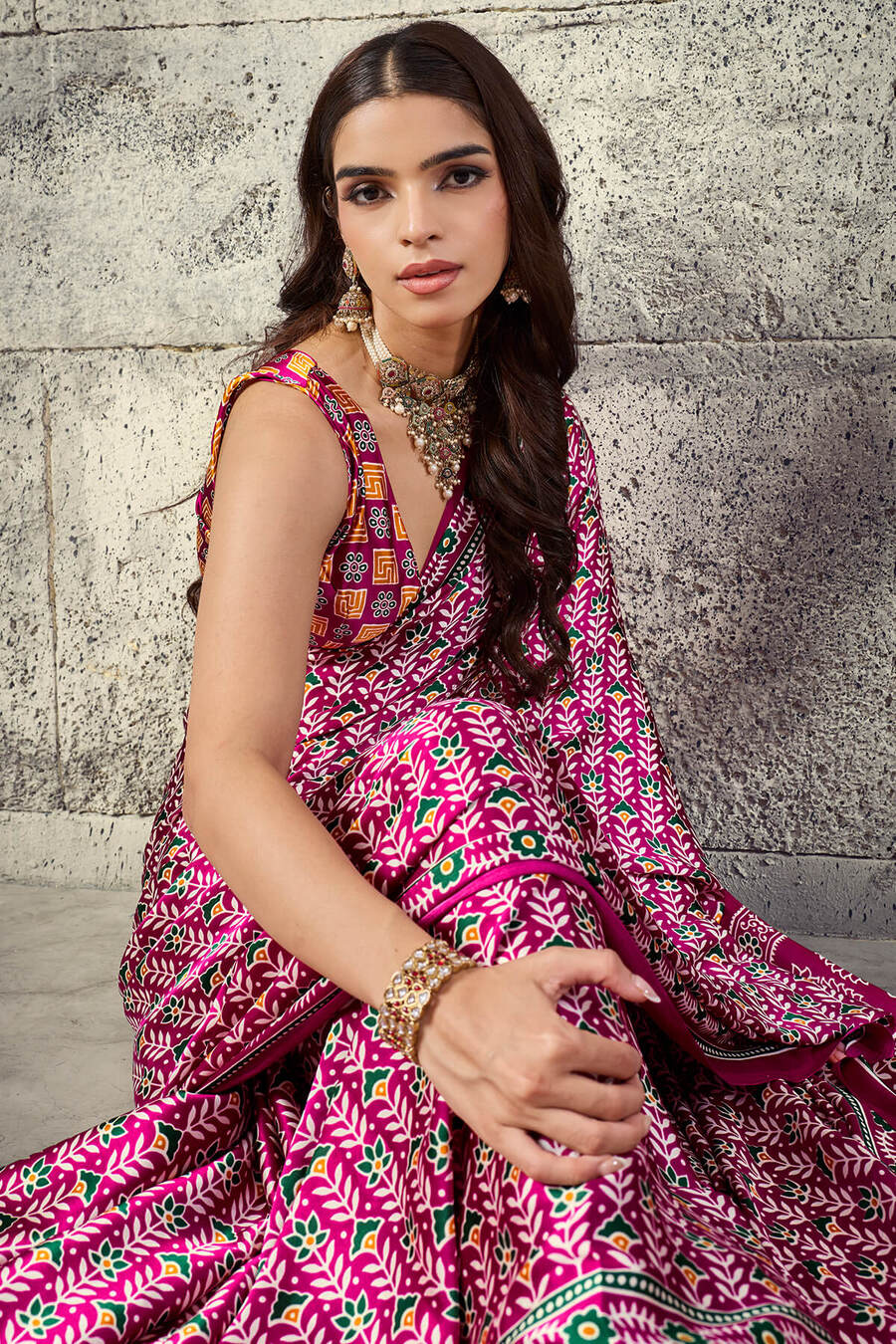 Mesmerising Dark Pink Ajrakh Printed Satin Silk Saree With Magnificat Blouse Piece
