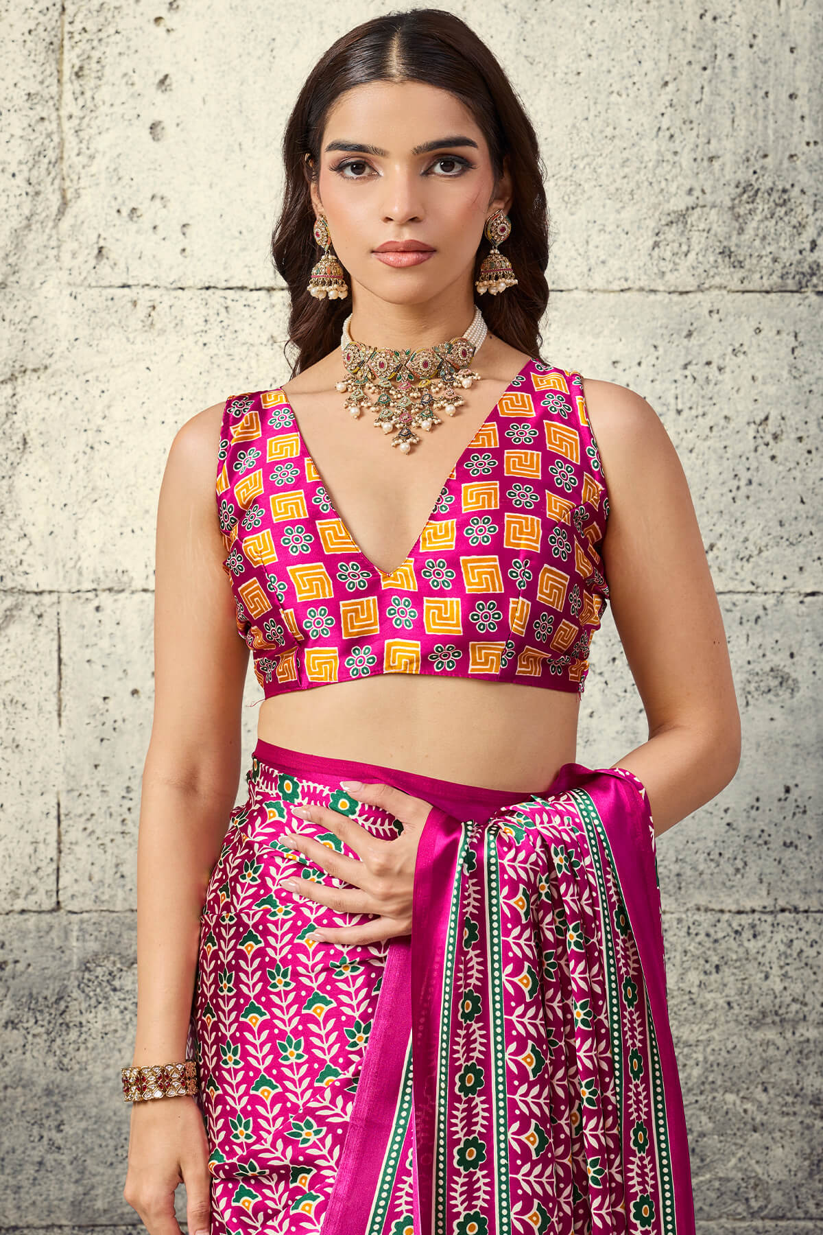 Mesmerising Dark Pink Ajrakh Printed Satin Silk Saree With Magnificat Blouse Piece