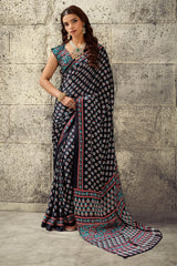 Refreshing Black Ajrakh Printed Satin Silk Saree With Serendipity Blouse Piece