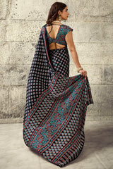 Refreshing Black Ajrakh Printed Satin Silk Saree With Serendipity Blouse Piece