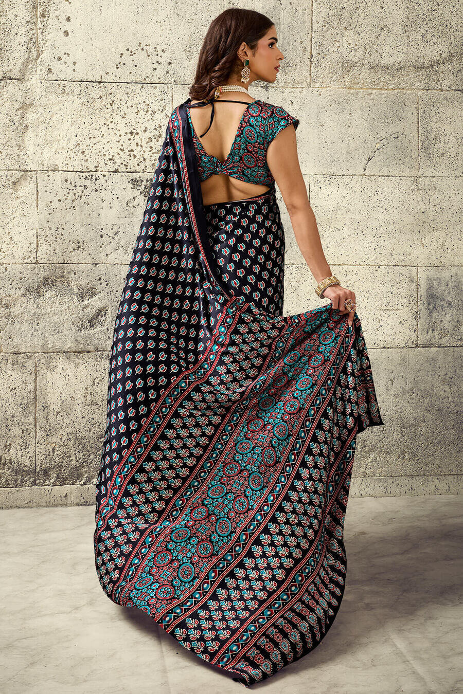 Refreshing Black Ajrakh Printed Satin Silk Saree With Serendipity Blouse Piece