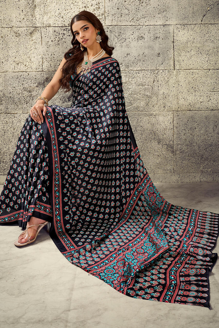 Refreshing Black Ajrakh Printed Satin Silk Saree With Serendipity Blouse Piece