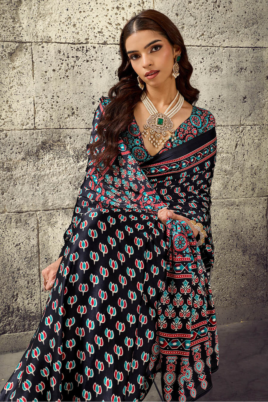 Refreshing Black Ajrakh Printed Satin Silk Saree With Serendipity Blouse Piece