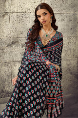 Refreshing Black Ajrakh Printed Satin Silk Saree With Serendipity Blouse Piece