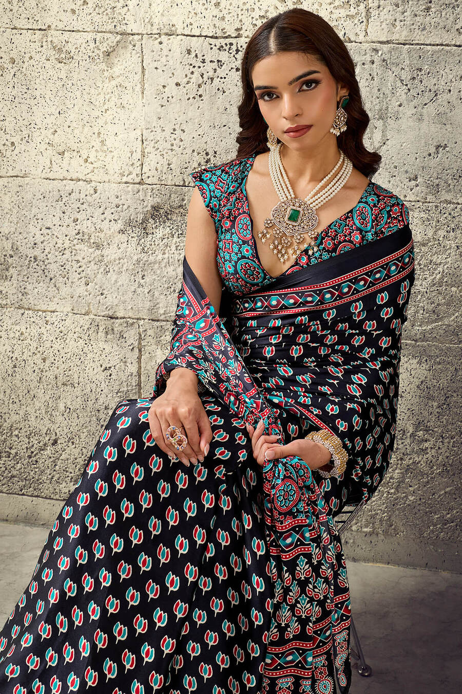 Refreshing Black Ajrakh Printed Satin Silk Saree With Serendipity Blouse Piece