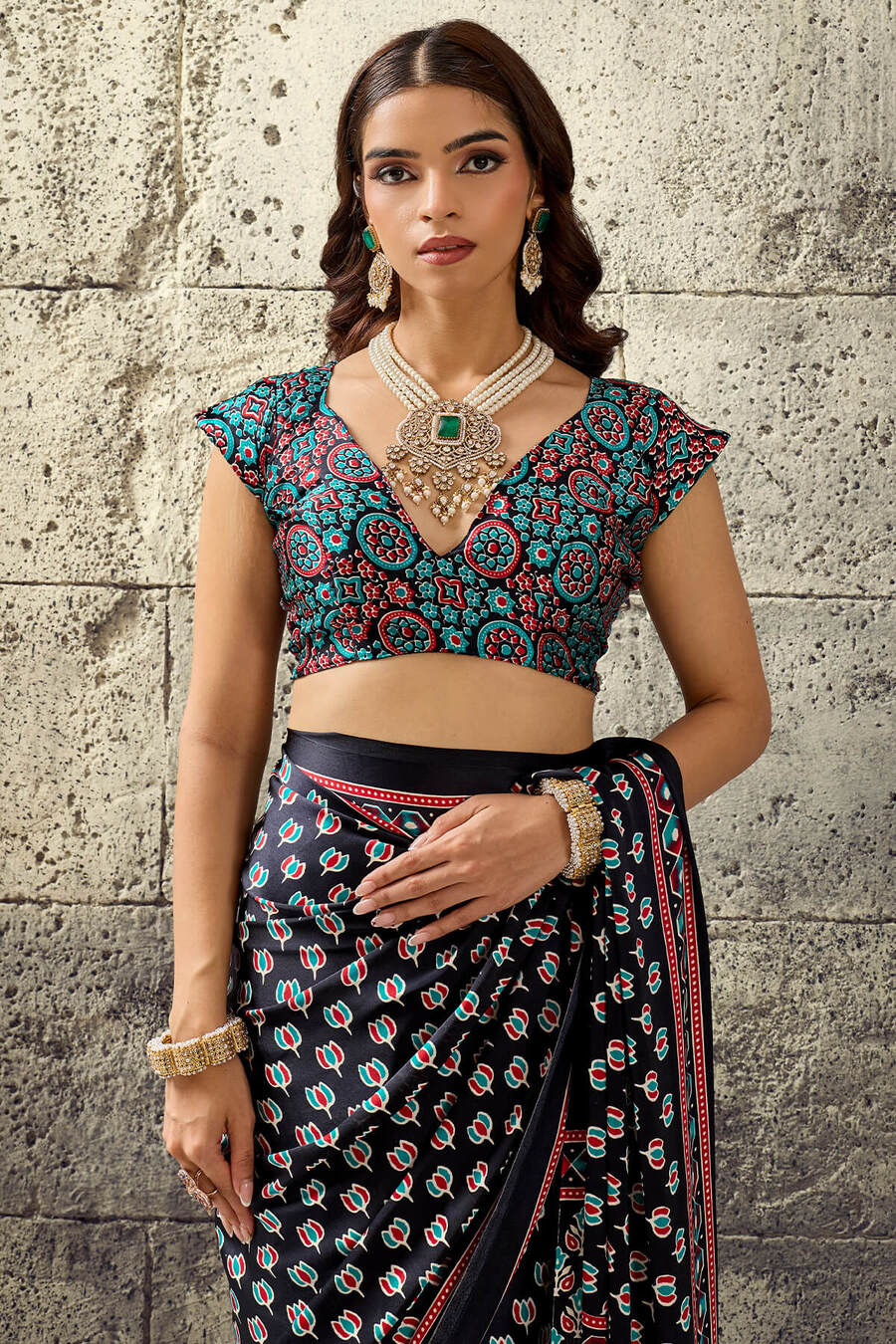 Refreshing Black Ajrakh Printed Satin Silk Saree With Serendipity Blouse Piece