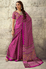 Luminous Dark Pink Ajrakh Printed Satin Silk Saree With Flameboyant Blouse Piece