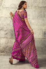 Luminous Dark Pink Ajrakh Printed Satin Silk Saree With Flameboyant Blouse Piece