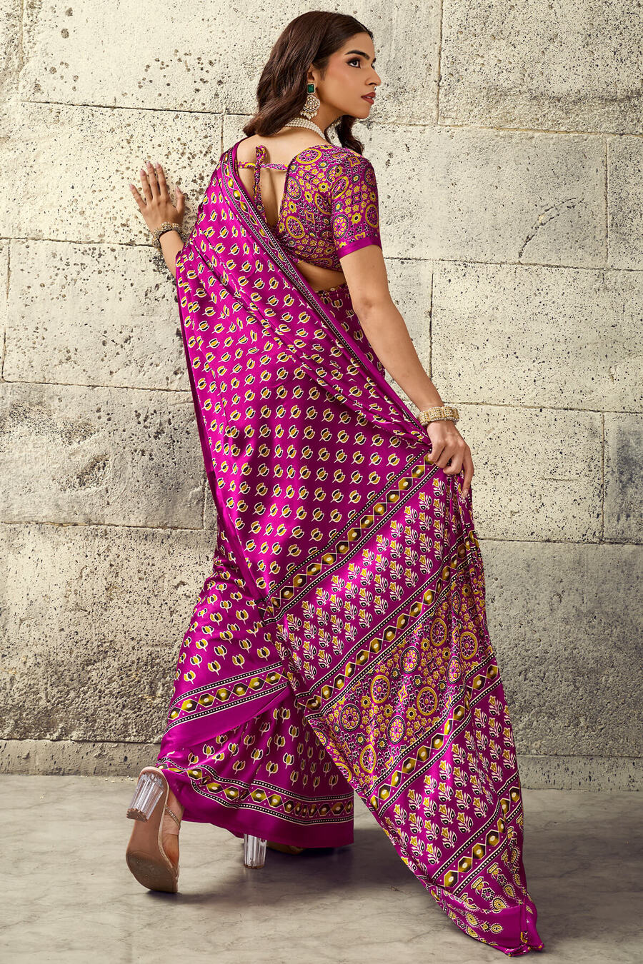 Luminous Dark Pink Ajrakh Printed Satin Silk Saree With Flameboyant Blouse Piece