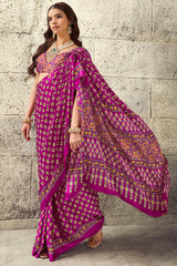 Luminous Dark Pink Ajrakh Printed Satin Silk Saree With Flameboyant Blouse Piece