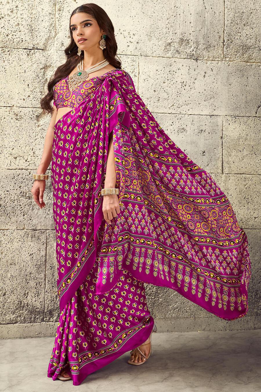 Luminous Dark Pink Ajrakh Printed Satin Silk Saree With Flameboyant Blouse Piece