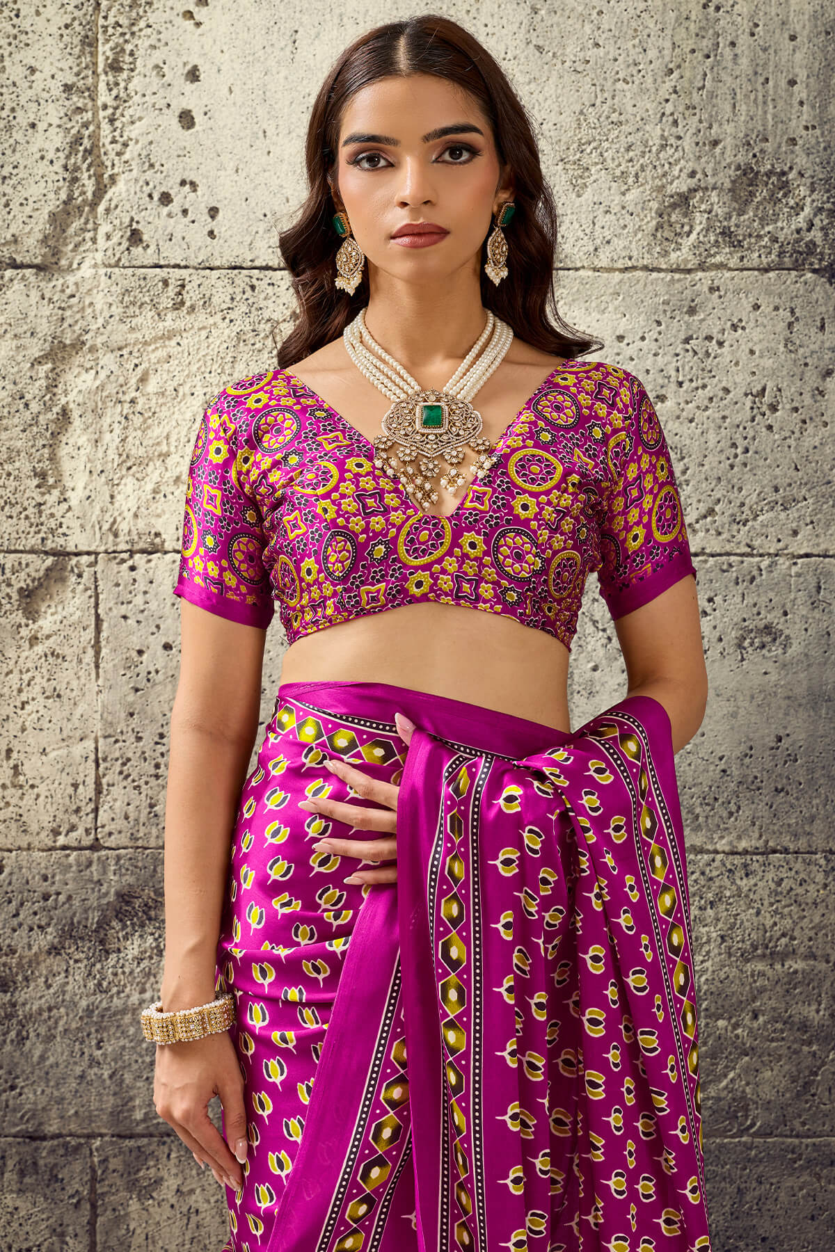 Luminous Dark Pink Ajrakh Printed Satin Silk Saree With Flameboyant Blouse Piece