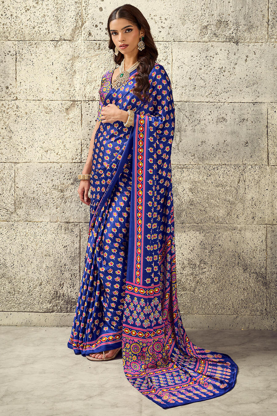 Captivating Royal Blue Ajrakh Printed Satin Silk Saree With Imbrication Blouse Piece