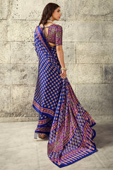 Captivating Royal Blue Ajrakh Printed Satin Silk Saree With Imbrication Blouse Piece