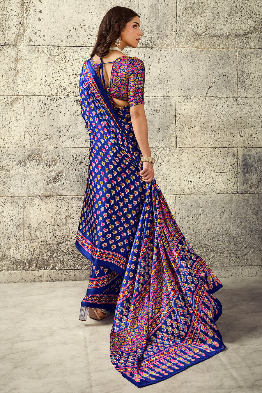 Captivating Royal Blue Ajrakh Printed Satin Silk Saree With Imbrication Blouse Piece
